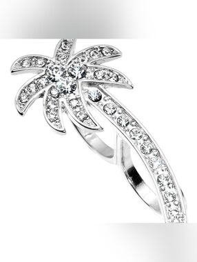 Silver Tone Crystalline Tropical Palm Tree Double Finger Ring